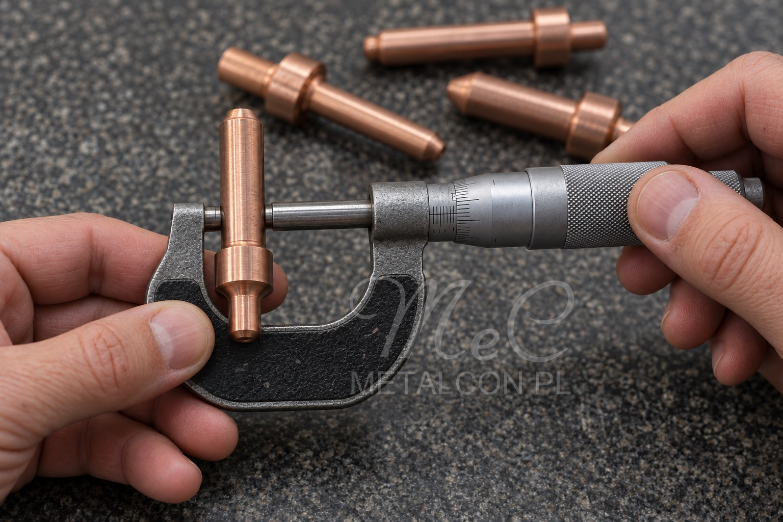 Illustration of a copper component’s diameter being measured with a micrometer
