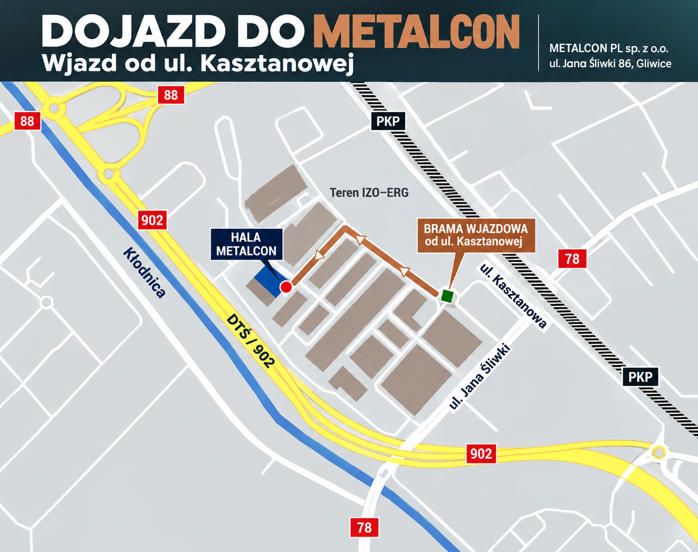 Directions map to METALCON: entrance from Kasztanowa Street and route through the IZO–ERG site to the workshop