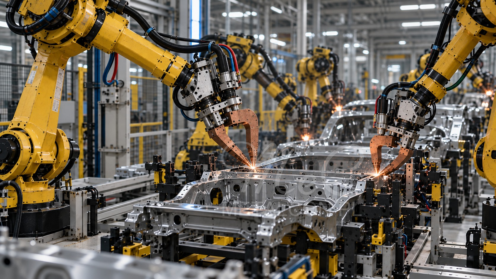 Illustrative view of resistance welding robots joining car body components on an industrial production line