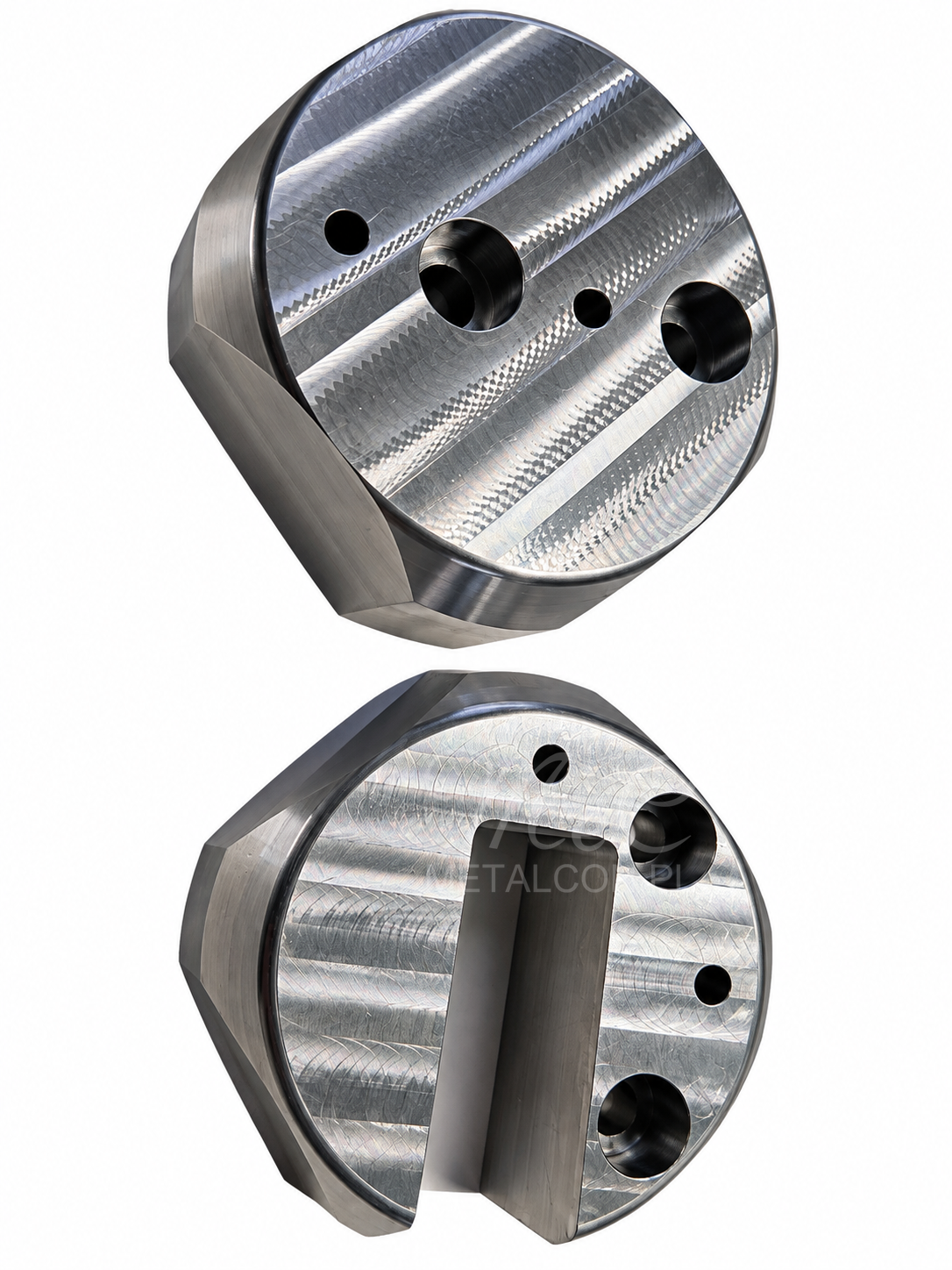 Two steel parts with holes and a milled recess