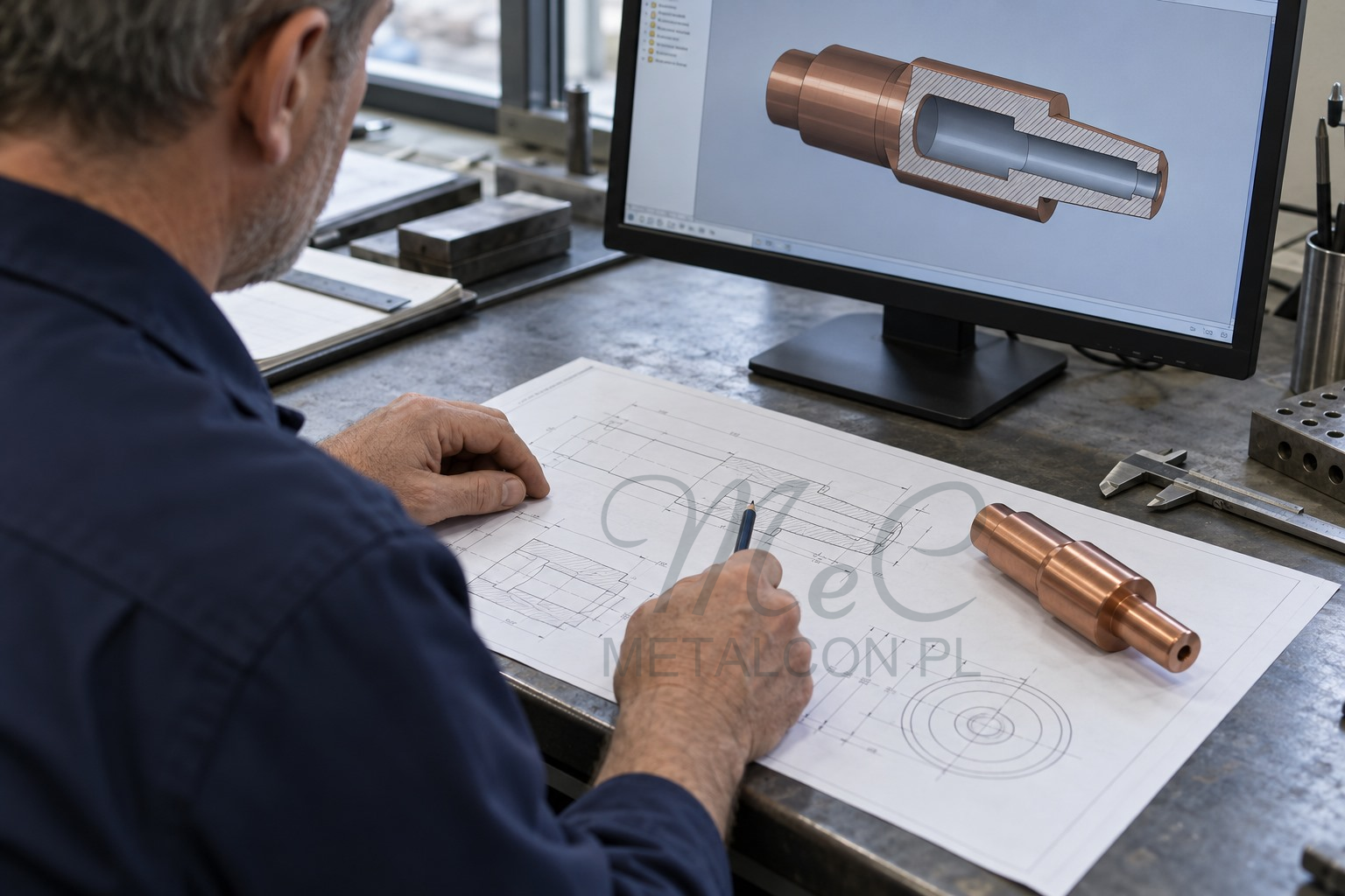 Illustrative view of a manufacturing engineer working on technical documentation for a resistance welding electrode