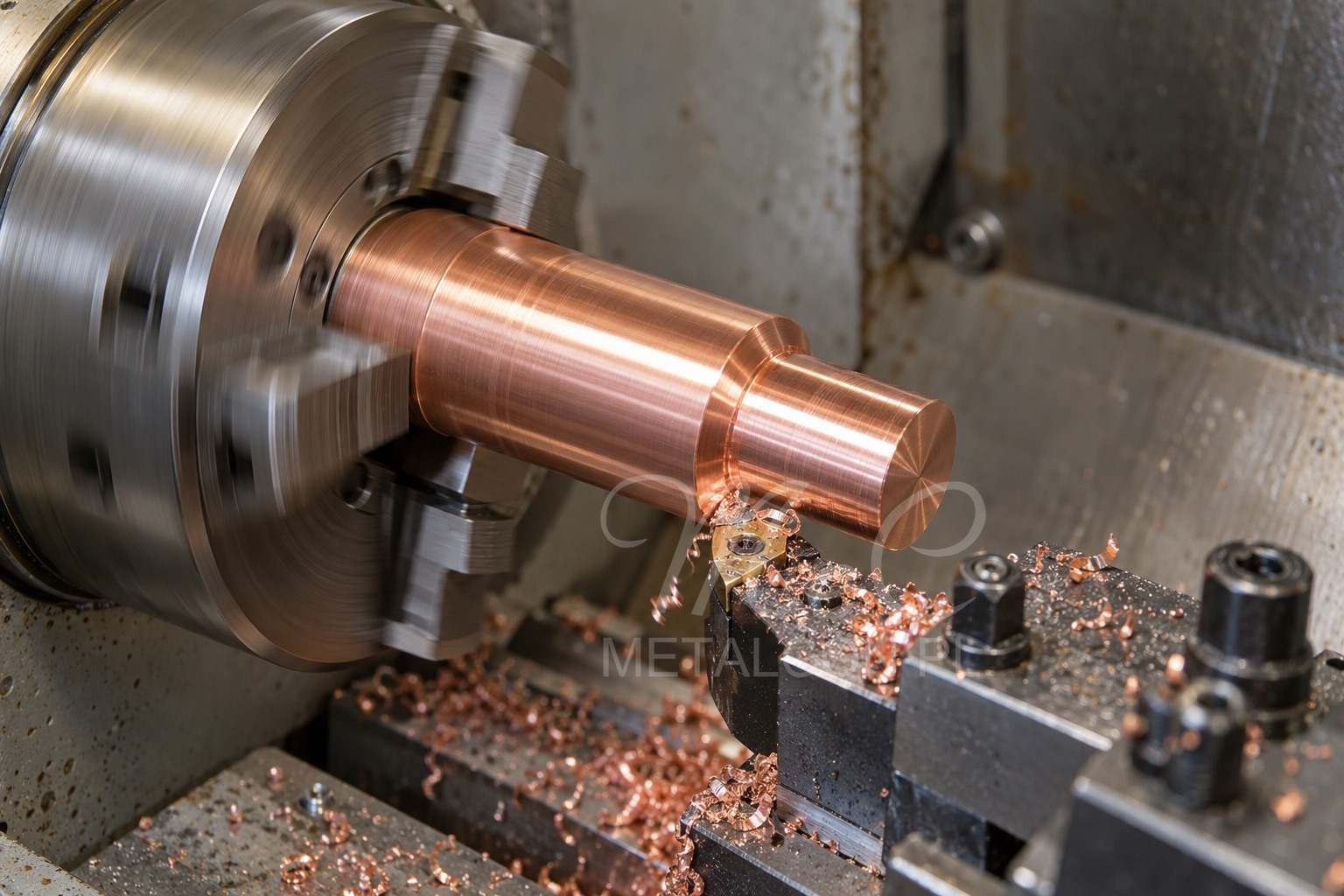 Illustrative view of a copper shaft being turned — machining a resistance welding component