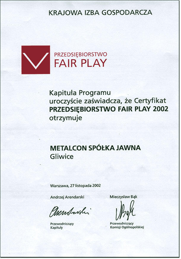 Przedsiębiorstwo Fair Play — award 2